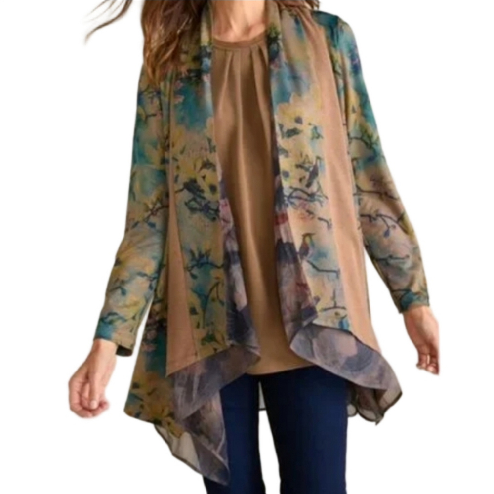 Soft Surroundings Tea Garden Floral Bird Print Flowy Waterfall Cardigan Topper